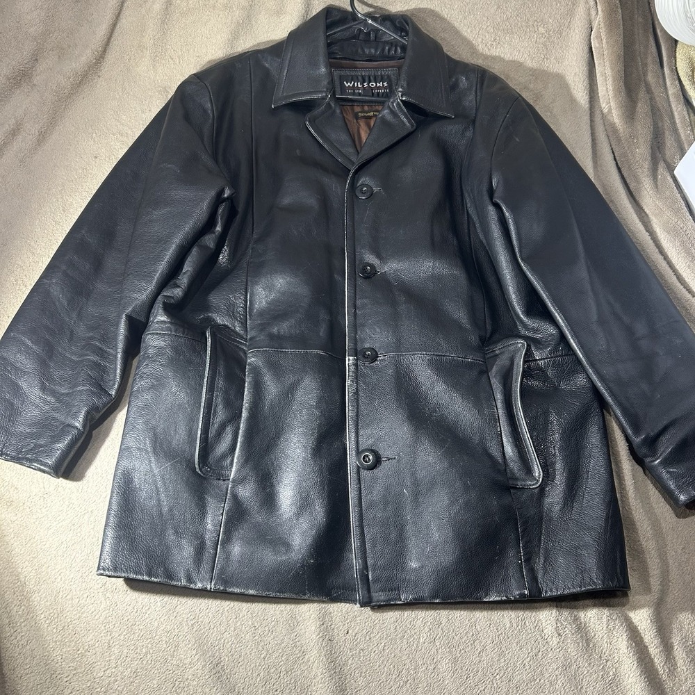 Vtg Wilsons The Leather Experts Black Leather Car Coat Mens Size L Thinsulate
